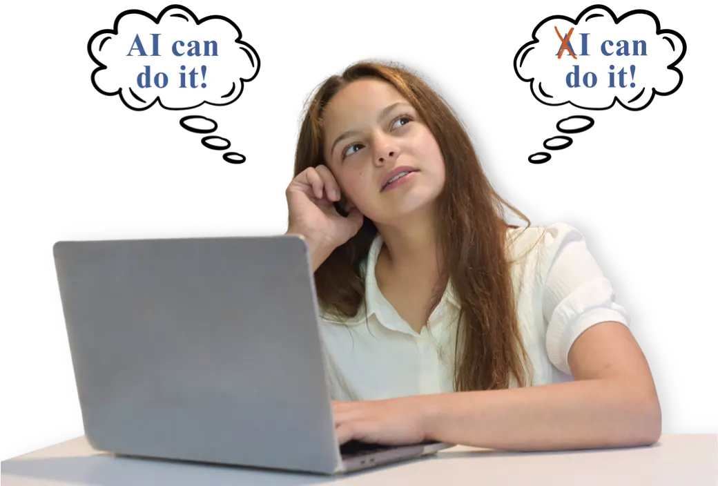 Student sitting at a laptop, looking thoughtful, with thought bubbles showing ‘AI can do it!’ and ‘I can do it!’ representing a choice between relying on AI or personal effort.