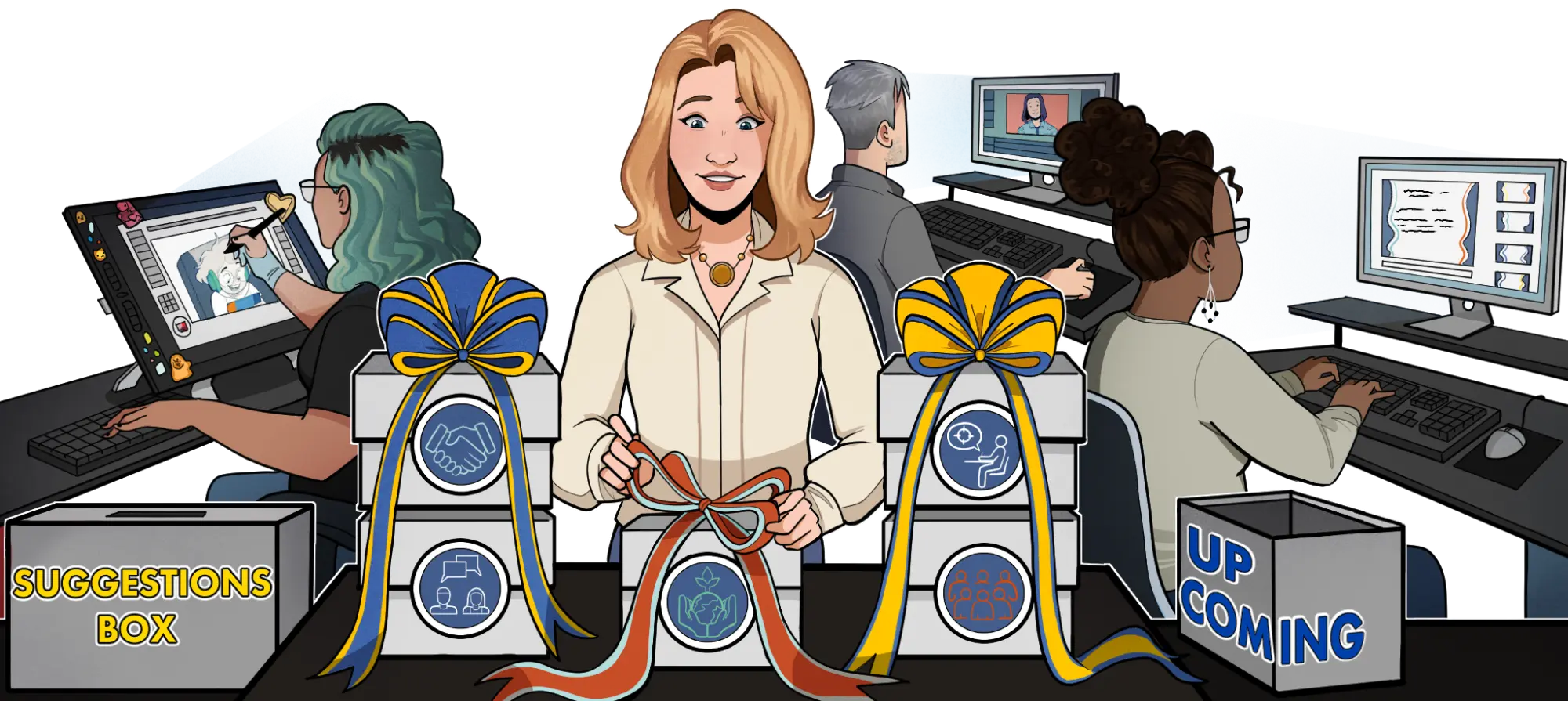 Illustrated graphic of School-Connect staff working on new lessons