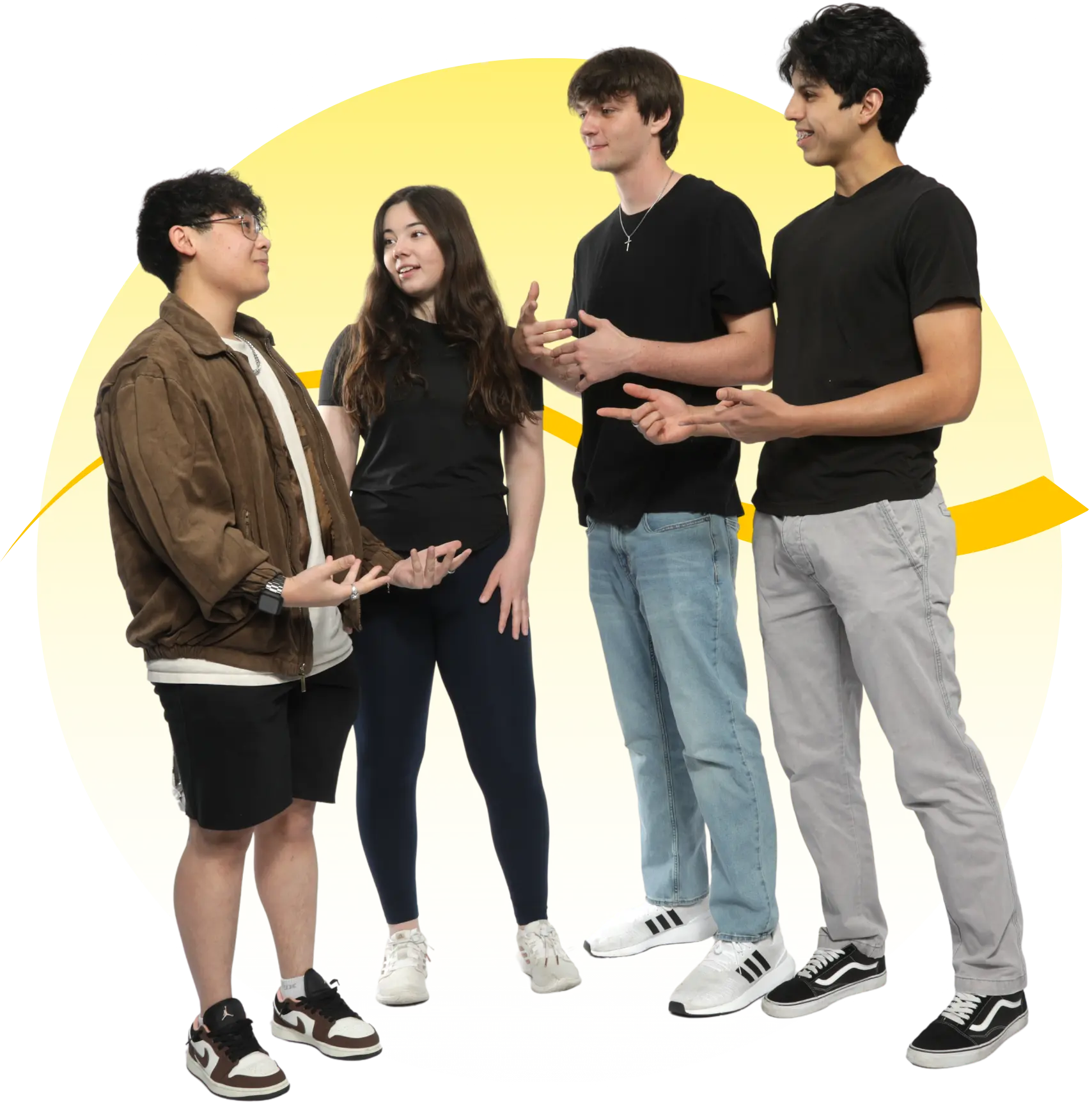 Four teens standing and talking with a yellow gradient background