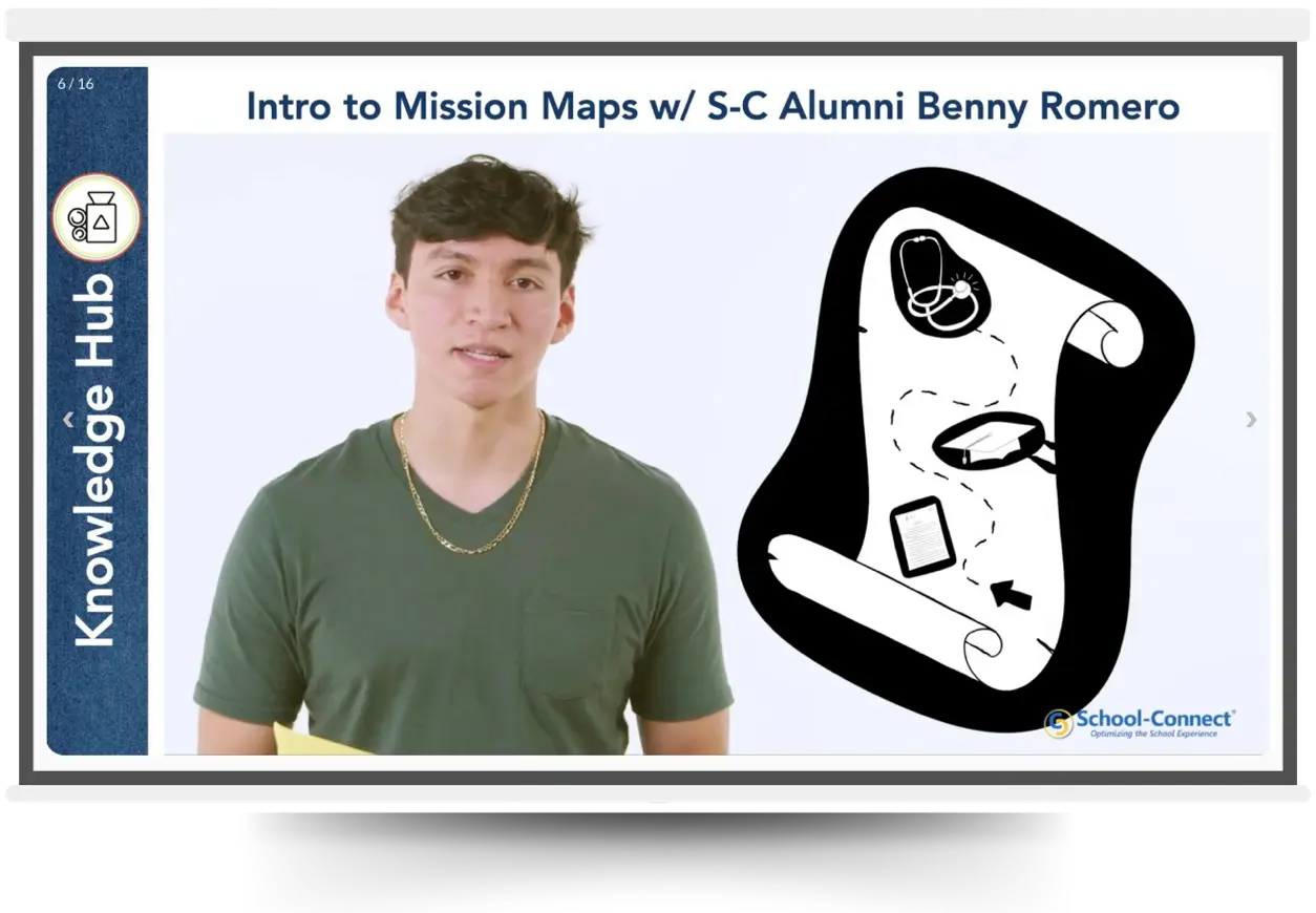 A presentation slide of a School-Connect's knowledge hub video with a former student discussing setting and achieving long-term goals
