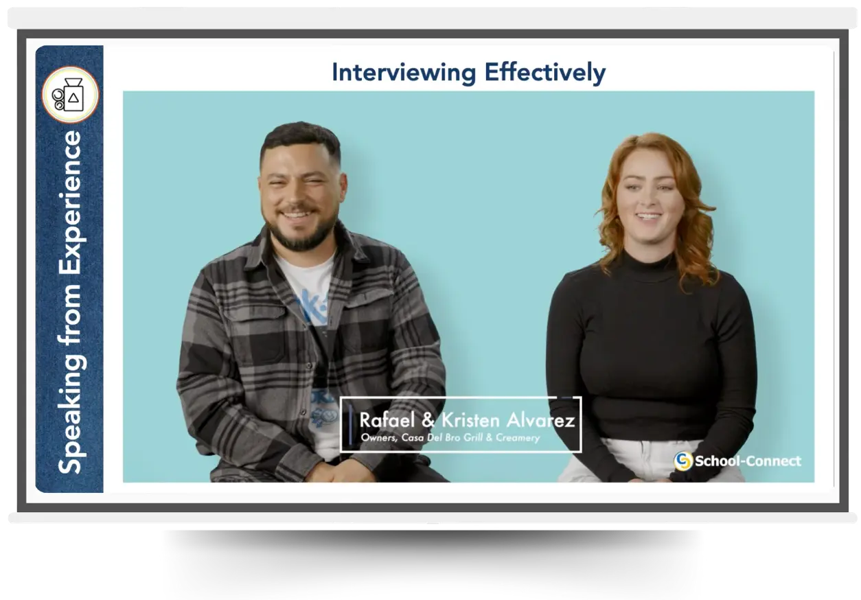 A presentation slide of a School-Connect's knowledge hub video with two employers discussing how to interview effectively