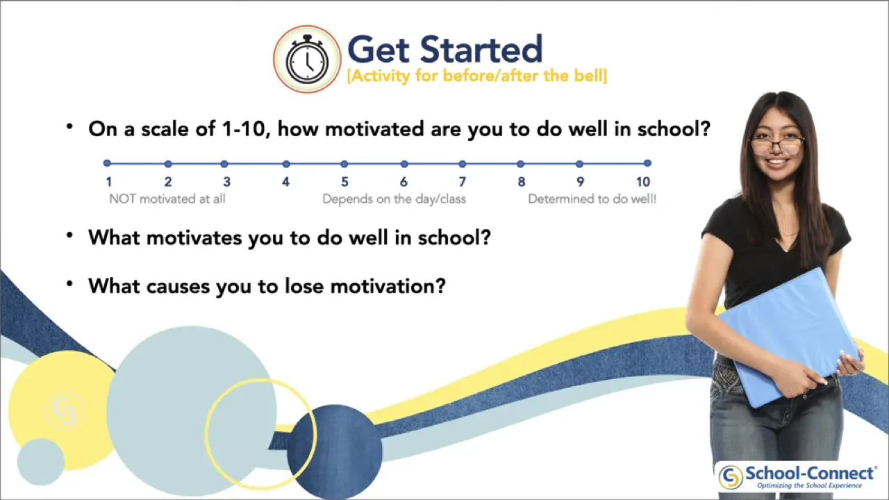 A School-Connect presentation slide with a Get Started activity and a student