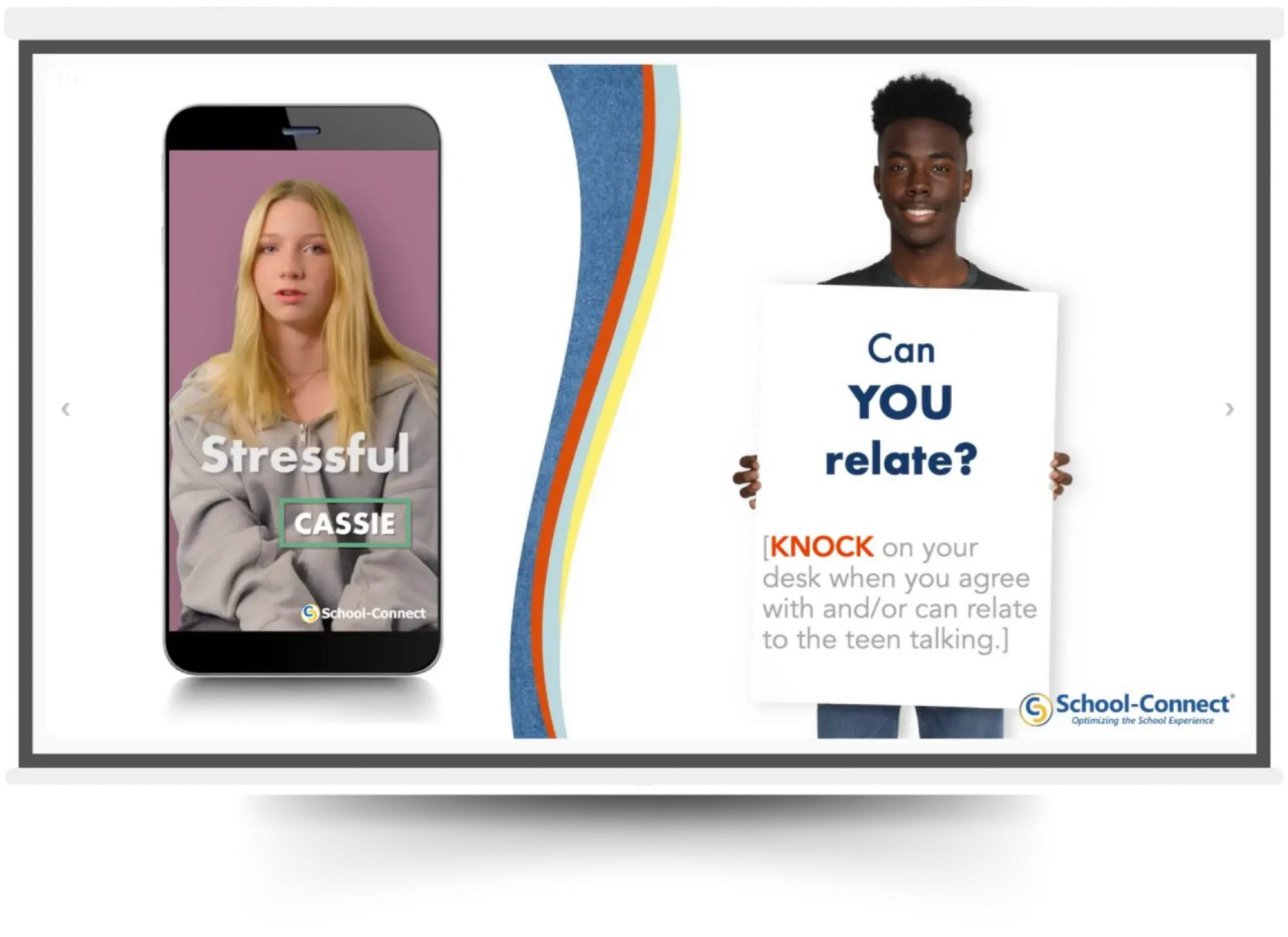 School-Connect presentation slide with a teen voices video and a student holding a poster