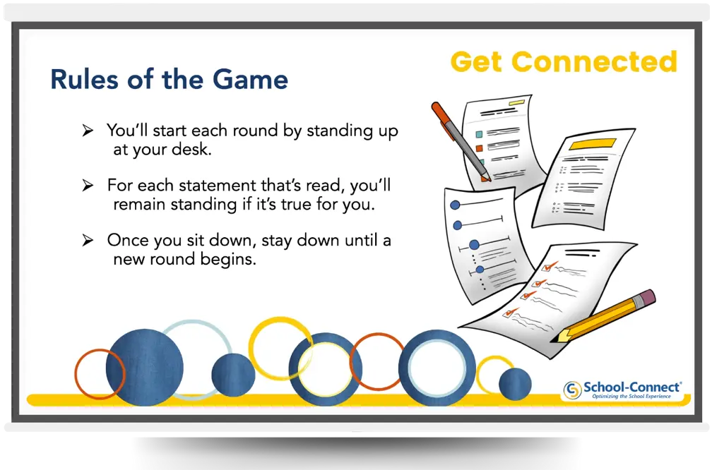 A School-Connect Get Connected activity presentation slide on a projector screen