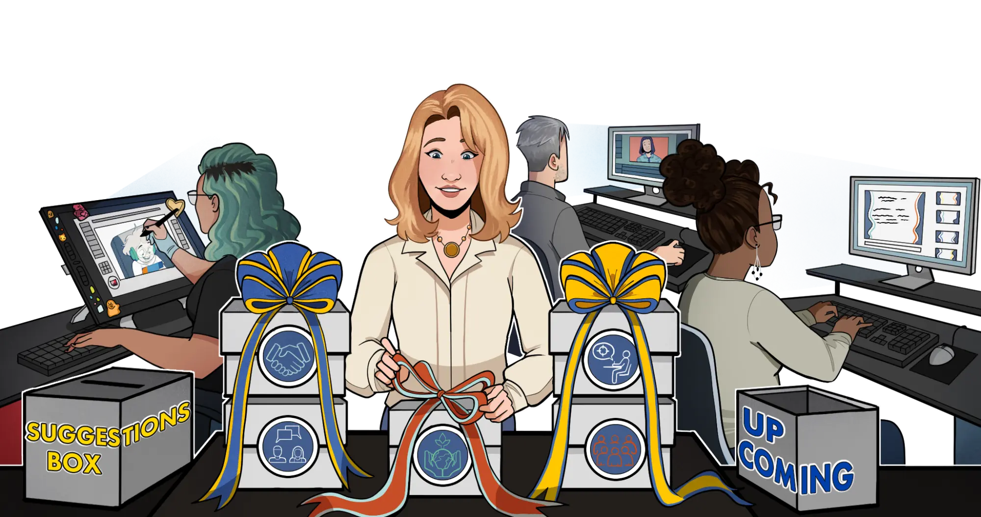 Illustrated graphic of School-Connect staff working on new lessons