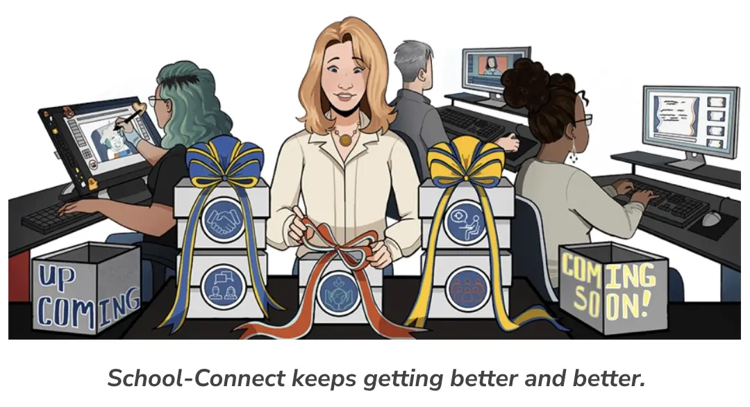 Illustrated graphic of School-Connect staff creating lessons