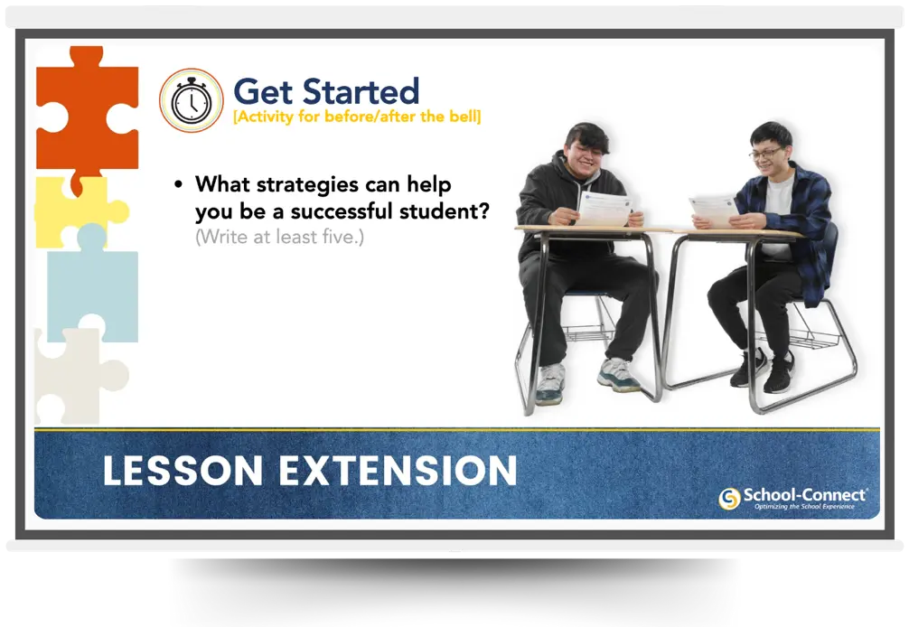 A School-Connect Lesson Extension presentation slide on a projector screen