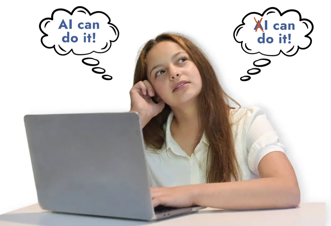 Teen girl sitting at a desk looking off to the side with two thought bubbles on either side of her head